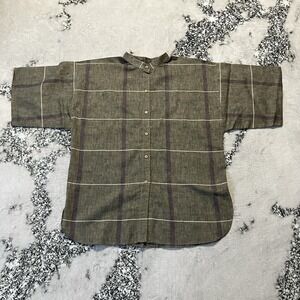 Vintage Condor Shirt Womens Size 11/12 Olive Plaid Linen Cotton Blend Button Up